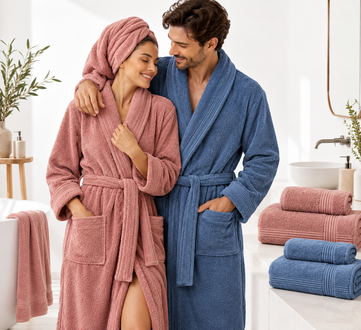 Bornoz, banyo havlusu ve yüz havlusundan oluşan banyo seti