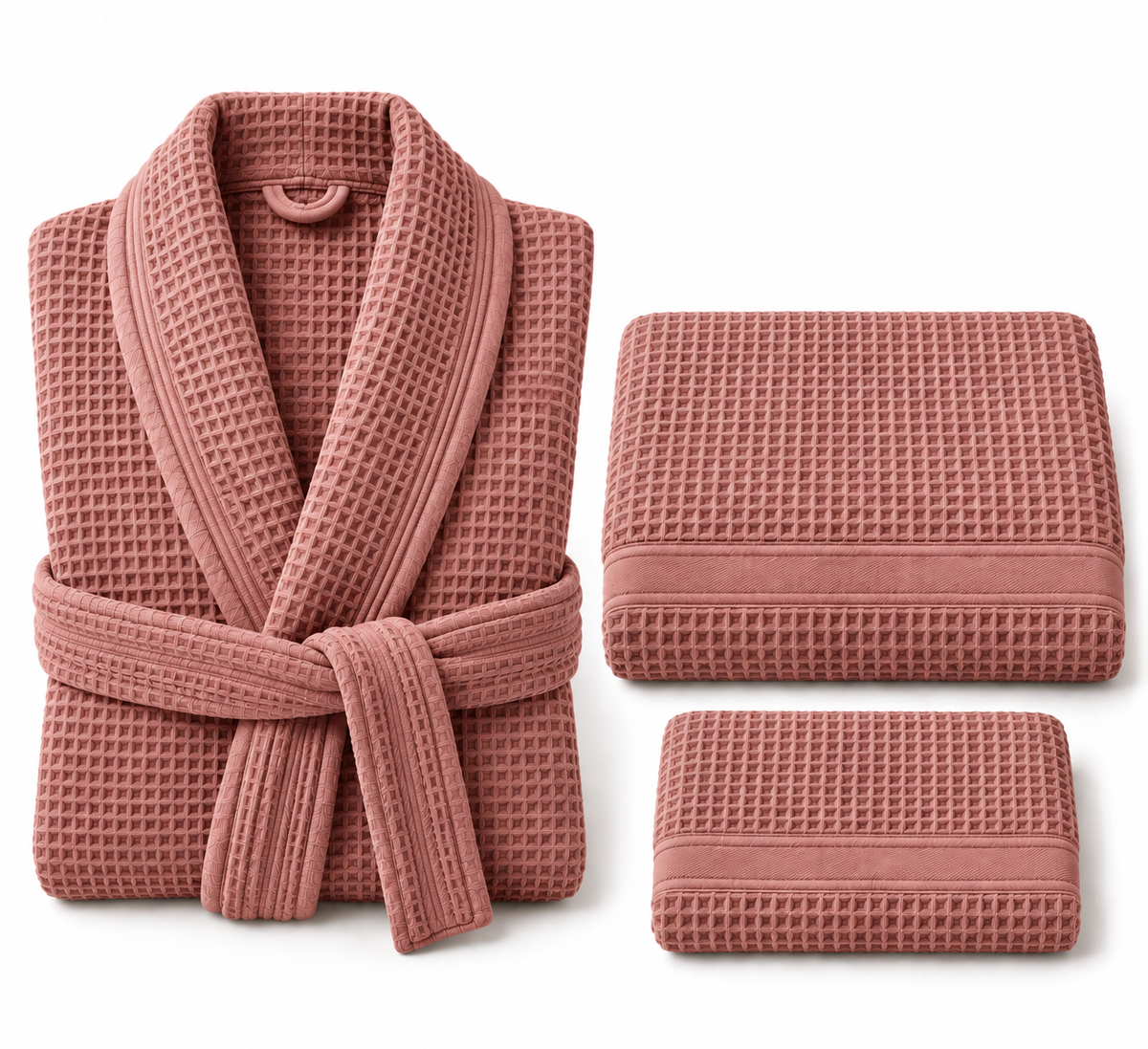 Waffle bornoz ve uyumlu banyo havlularından oluşan set
