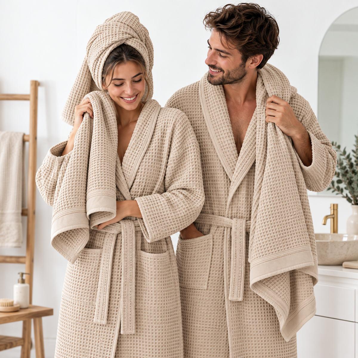 Waffle bornoz ve uyumlu banyo havlularından oluşan set